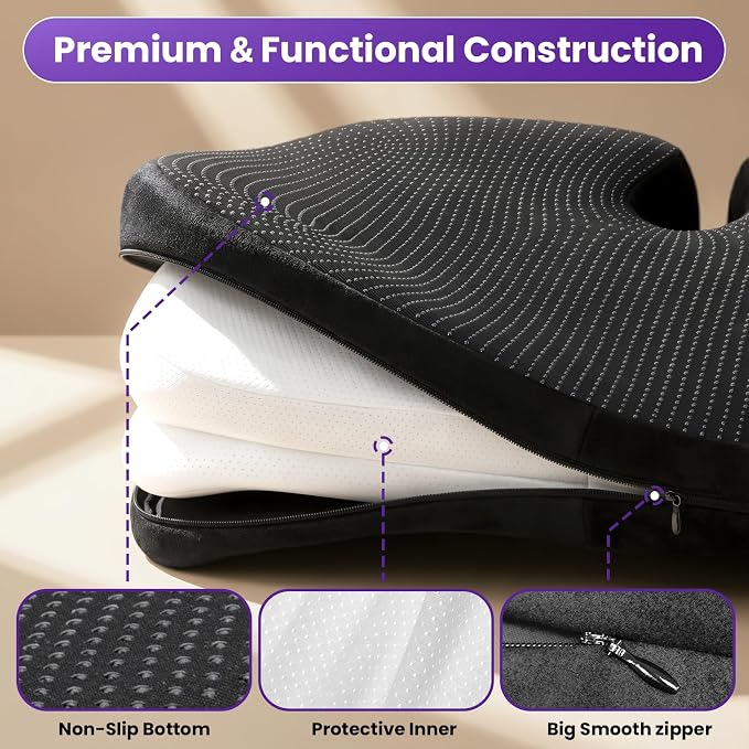 ZZ-WELL Seat Cushions for Office Chairs, Patented Pressure Relief Coccyx Cushion for Tailbone Pain, Memory Foam Butt Pillows for Wheelchair Car Sitting, Carrying Handle, Non-Slip (Black, Large) - Image 8