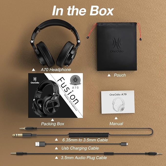 OneOdio A70 Bluetooth Over-Ear Headphones, Hi-Res Wired DJ Studio - Black | Wireless over-ear headphones with 72H playtime, 3.5mm/6.35mm wired jacks for studio monitoring, mixing, guitar, amp and PC - Image 8
