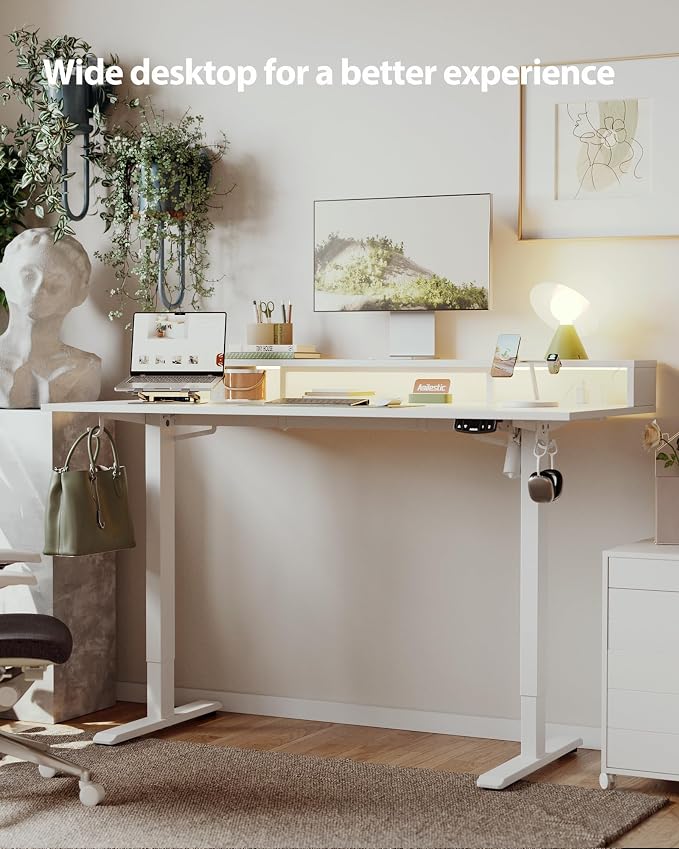 Agilestic 63 * 24 Inch Electric Standing Desk with Shelf & Led, White | Electric Height Adjustable, Outlets&Led, Monitor Stand, Sturdy Steel Frame, Memory Presets, Hooks, 154 lbs, Splice Board - Image 4