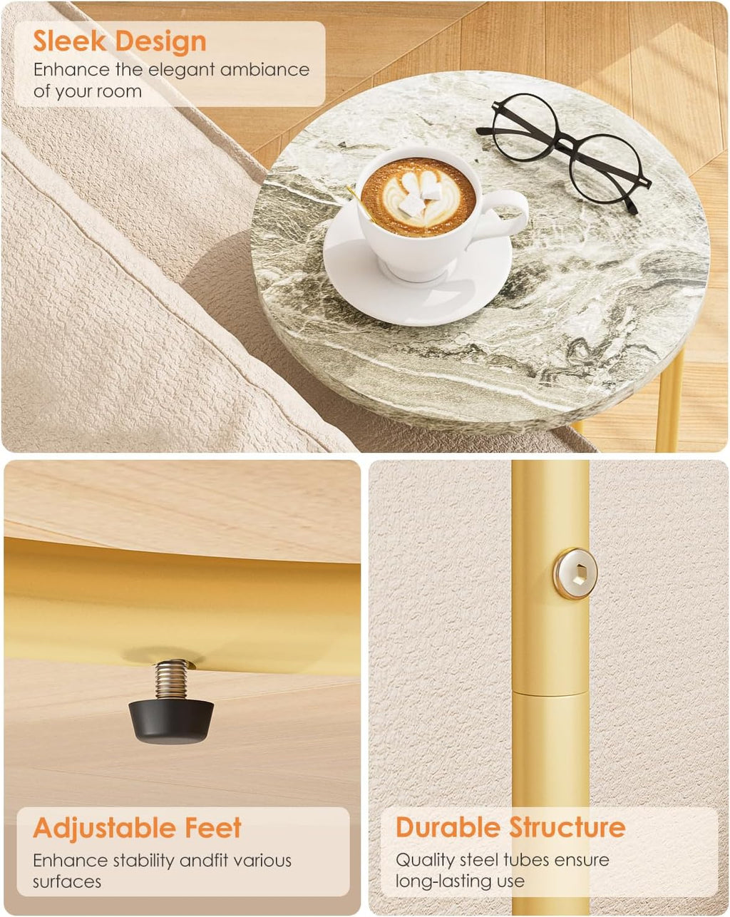 C-Shaped End Table Set of 2, Side Table for Couch, Marble and Gold - Image 7