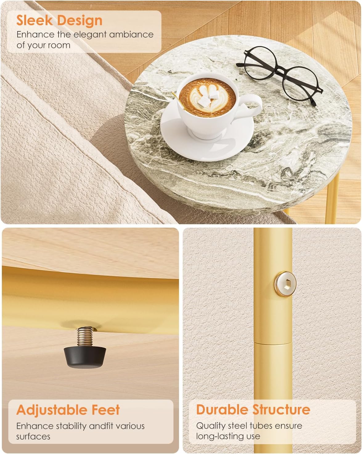 C-Shaped End Table Set of 2, Side Table for Couch, Marble and Gold - Image 7