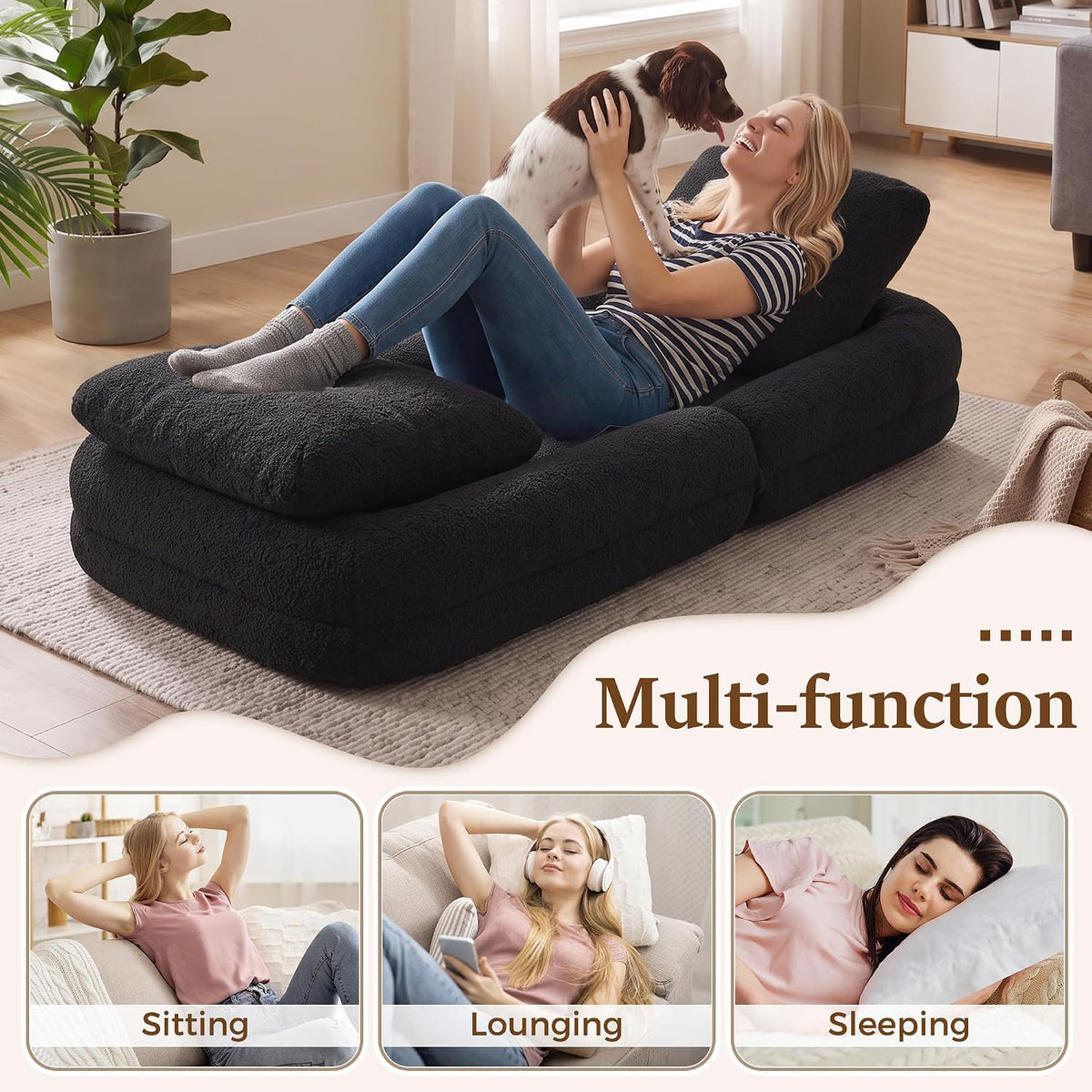 Human Dog Bed, Lazy Sofa Couch, Plush Floor Gaming Chair,5 Adjustable Position, sit, Sleep, fold, Suit to Put in Bedroom, Living Room,Space Saving Design (Black) - Image 6