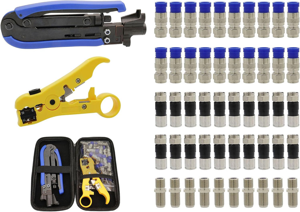 Professional Coax Cable Crimper Kit – RG6/RG59/RG11 Compression Tool with Wire Stripper, 50-Pack F-Type Connectors & Storage Bag – Coaxial Cable Tool Set for TV, Satellite, CCTV & Home Network by Zkarabc