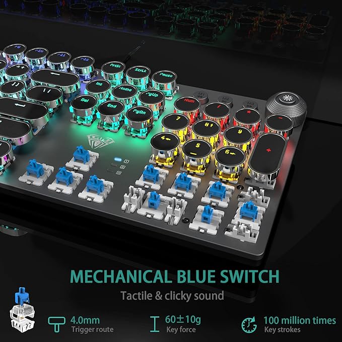 AULA F2088 Typewriter Style Mechanical Gaming Keyboard Wired,Blue Switches,Rainbow LED Backlit,Removable Wrist Rest,Media Control Knob,Retro Punk Round Keycaps,USB Wired Computer Keyboard - Image 5