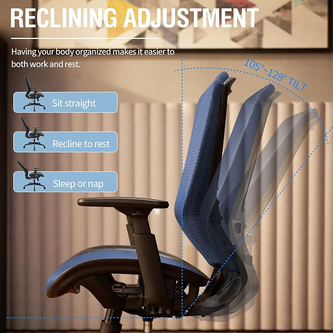 Mesh Office Chair,Ergonomic Computer Desk Chair,Sturdy Task Chair- Adjustable Lumbar Support & Armrests,Tilt Function,Comfort Wide Seat,Swivel Home Office Chair (Blue) - Image 8