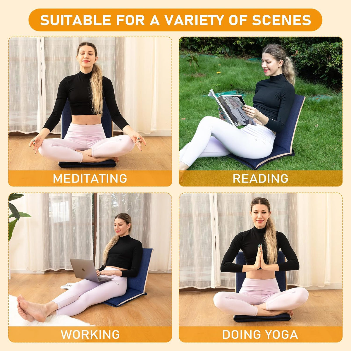 Floor Chair with Back Support Foldable Meditation Seat, Blue - Image 8