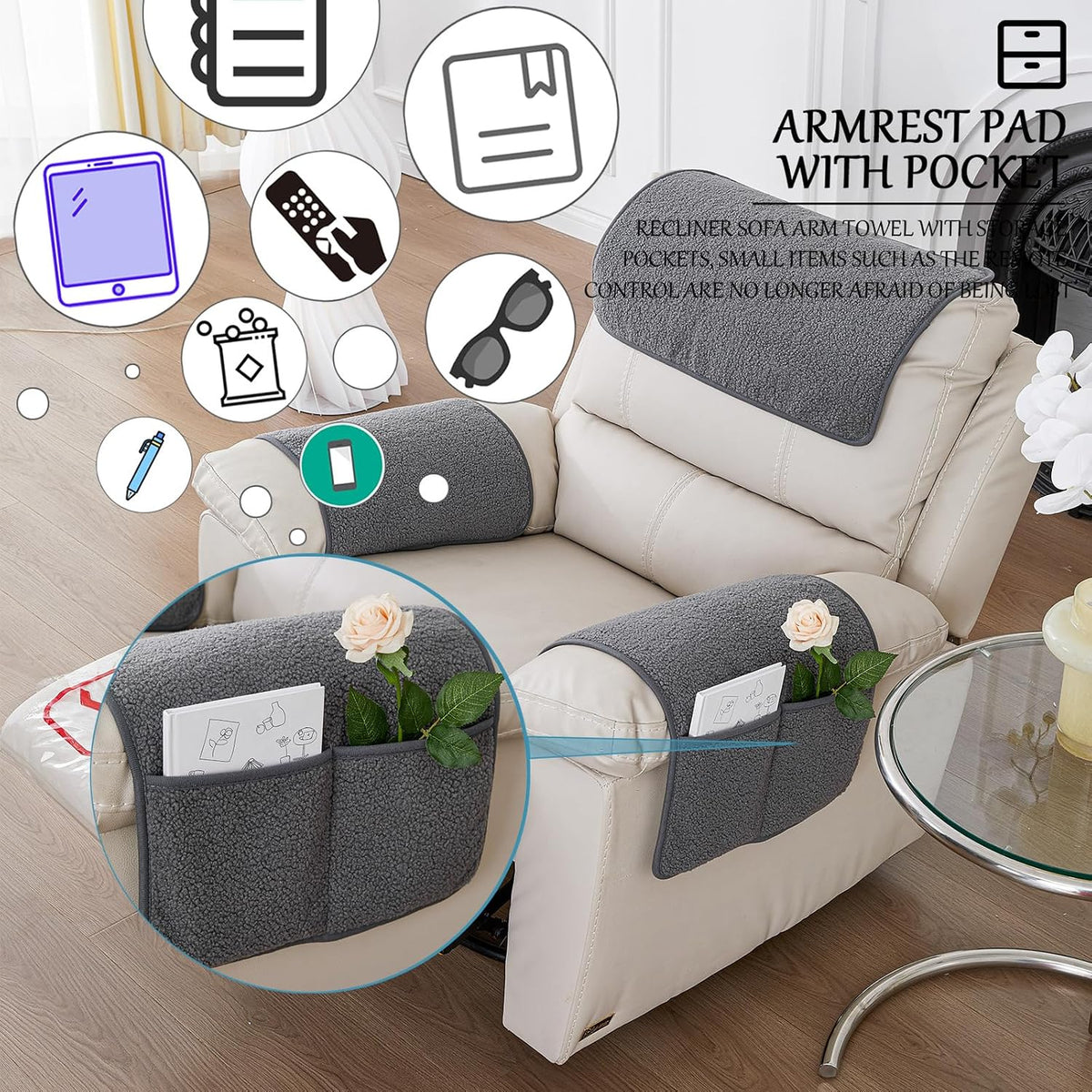 Armrest Covers for Recliners Couch Arm Covers with Pockets for Sofa - Image 3