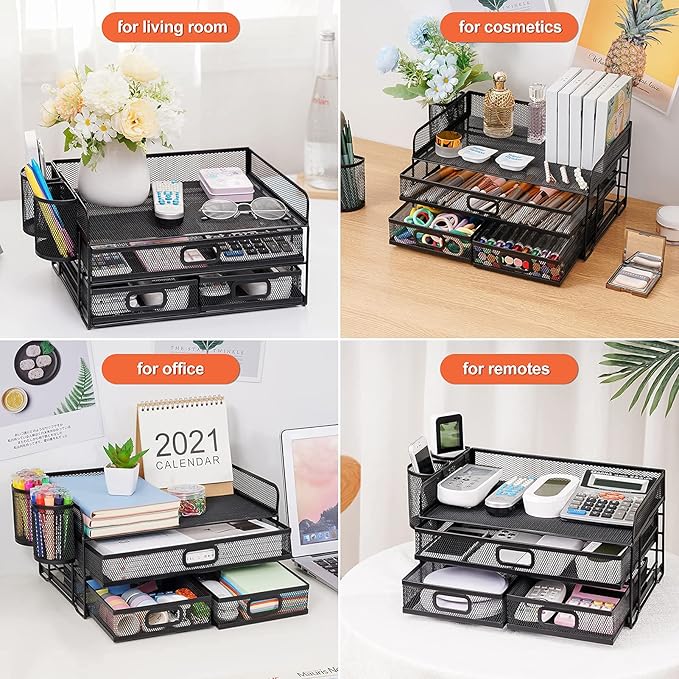Marbrasse 3 Tier Mesh Desk Organizer with Drawer, Multi-Functional Desk Organizers and Accessories, Paper Letter Organizer with 2 Pen Holder for Home Office Supplies (Black) - Image 4