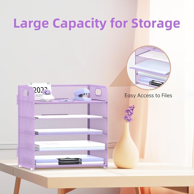 5 Trays Paper Organizer Letter Tray with Handle-Mesh Desk File Holders, Paper Sorter Desk Organizer for Office, Home, Classeoom or School, Purple - Image 4