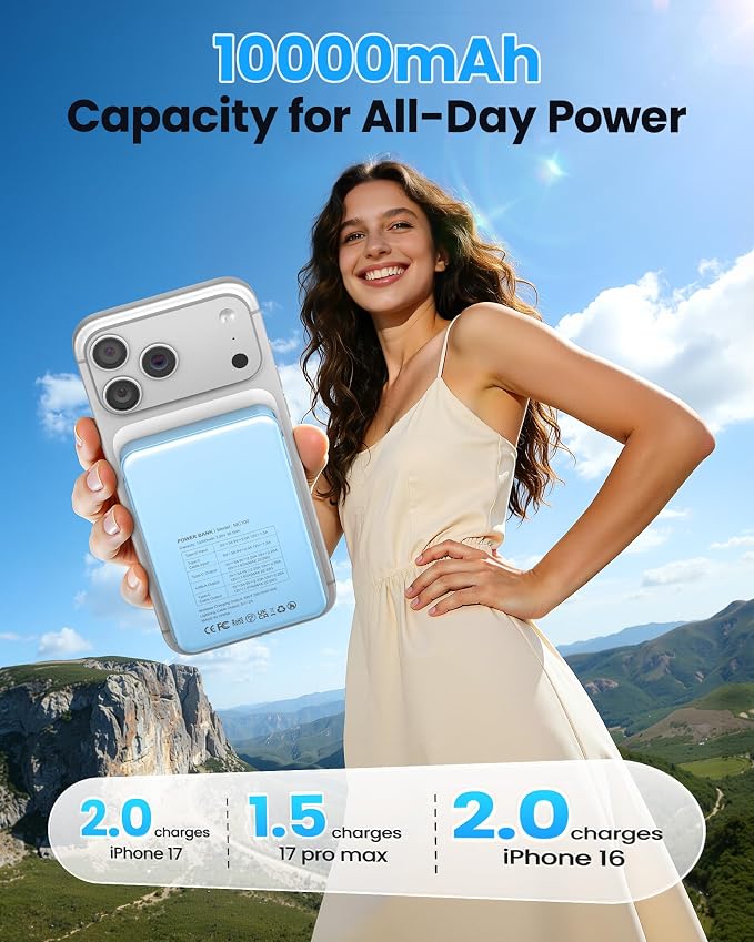 Magnetic Portable Charger, 22.5W Power Bank Fast Charging 10000mAh, Portable Charger with Built in Cable, for Magsafe Battery Pack Compatible with iPhone 17/16/15/14/13/12 Pro/Pro Max Sky Blue | Fast Charging 22.5W ExternalBattery Pack Compatible with ... - Image 2