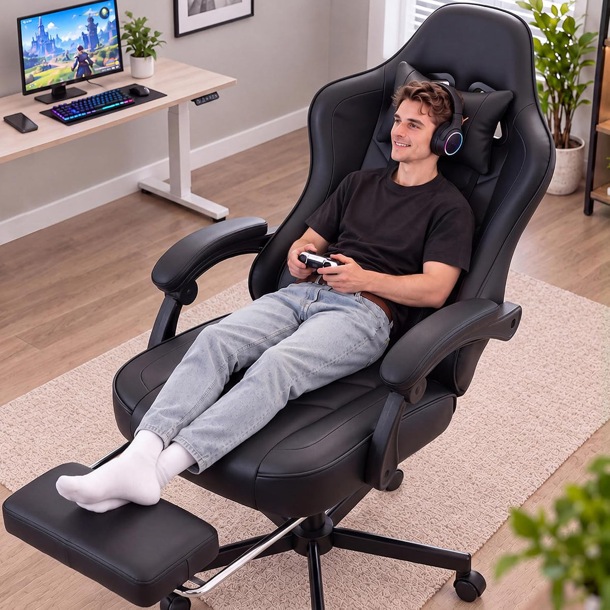 Office Desk Computer Gaming Chair for Adults, Ergonomic High Back Gamer Chair with Massage and Pocket Spring Cushion, Swivel Comfy Video Game Chairs with Footrest and Lumbar Support (Black) by Wismestr