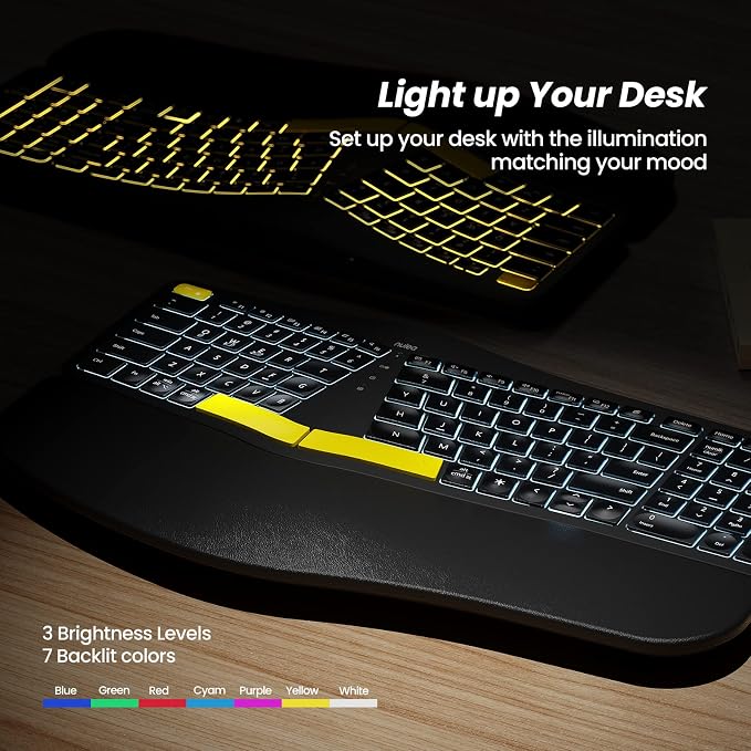 Nulea Wireless Ergonomic Keyboard, Split Keyboard with Wrist Rest, USB-C Charging, 7-Color Backlight, Natural Typing, Bluetooth and USB Connectivity, Compatible with Windows/Mac | Bluetooth 2.4G Keyboard with USB-C Charging, 3 Device Switching, Adjusta... - Image 5