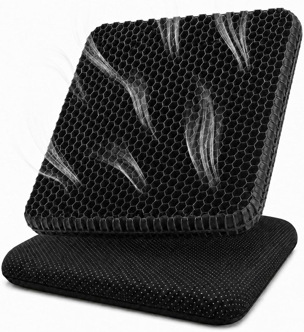 Gel Seat Cushion for Long Sitting – Double-Layer Honeycomb Cooling Chair Pad, Thick Supportive Gel Cushion with Breathable Non-Slip Cover for Office Chair, Car, Wheelchair & Long Sitting（Black） by SSIITT