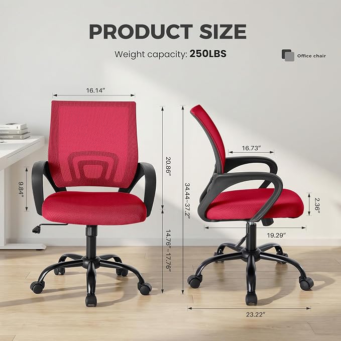 OLIXIS Ergonomic Office Chair 2 Pack, Home Desk Mesh Chairs, Lumbar Support | Height Adjustable, Fixed Armrest, Rocking Mode, 360 Swivel, 2 Pack Home, Red - Image 3