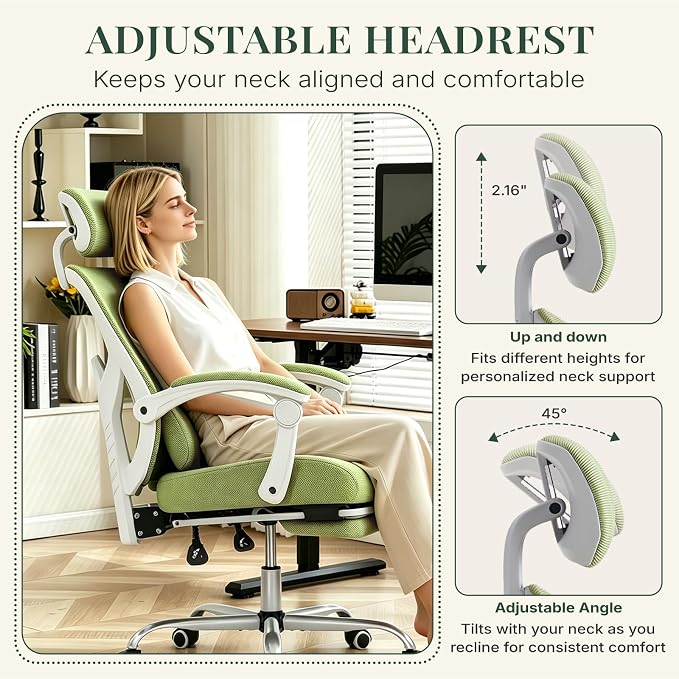 Ergonomic Office Chair with Footrest, Computer Gaming Chair | Adjustable Headrest, Lumbar Support, Swivel Reclining, Padded Armrest, Mesh High Back, Home Desk Work Study, Green - Image 6