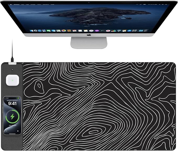 TopMade Mouse Pad with 15W Fast Wireless Charging, 31.5"x15.75" XXL Large Gaming Waterproof Desk Pad with Ultra-Smooth Surface, Non-Slip Base, Computer Desk Mat, Black Topographic Map #1 by TopmadeProduct-Ordernow