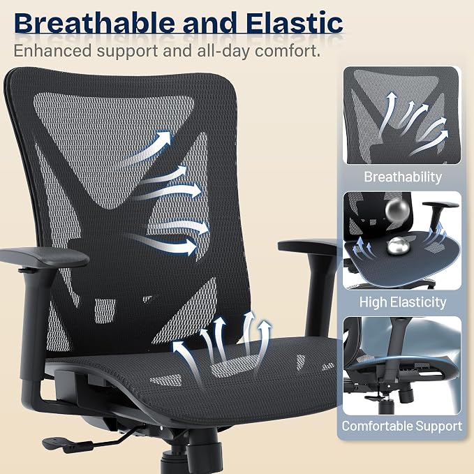 Ergonomic Office Chair, Mesh Computer Desk Chairs with Adjustable Lumbar Support, 3D Armrests, Tilt Function, Comfy Wide Seat, Swivel Executive Work Task Chair for Company and Home - Image 7