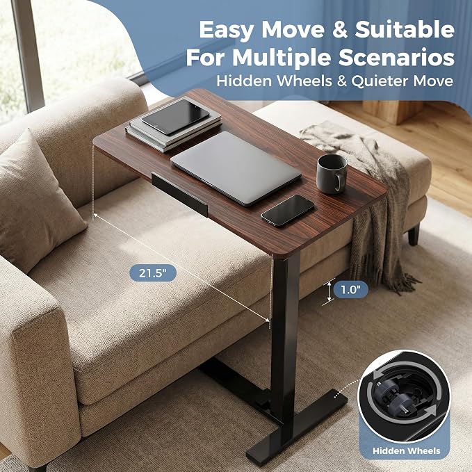 DUMOS Rolling Desk, Laptop Desk, Overbed Table with Wheels | Mobile Overbed Bedside, Portable Computer Workstation, Bed Sofa Couch, Adjustable Height, Dark Brown - Image 6