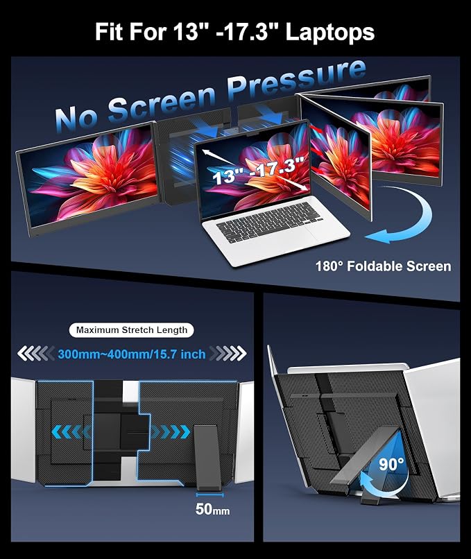 15.6" Laptop Screen Extender, FHD 1080P IPS Triple Portable Monitor | Fits 12"–17.3" Laptops, Ultra-Slim Travel Monitor, USB-C & HDMI Plug & Play, Compatible with Windows/Mac/Android - Image 7