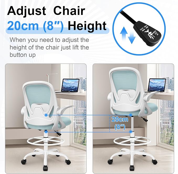Drafting Chair Tall Office Chair with Flip-up Armrests, Adjustable Height, and Enhanced Lumbar Support - Ergonomic Rolling Stool, Back Support, and Adjustable Foot Rest Ring Light Blue - Image 6