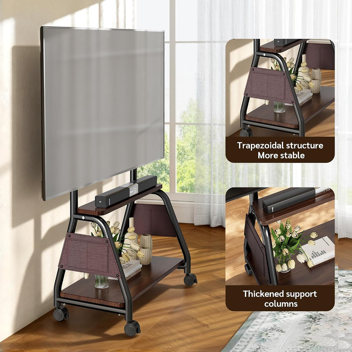 Mobile TV Stand on Wheels for 32-75 Inch TVs Heavy-Duty Rolling TV Cart - Image 4