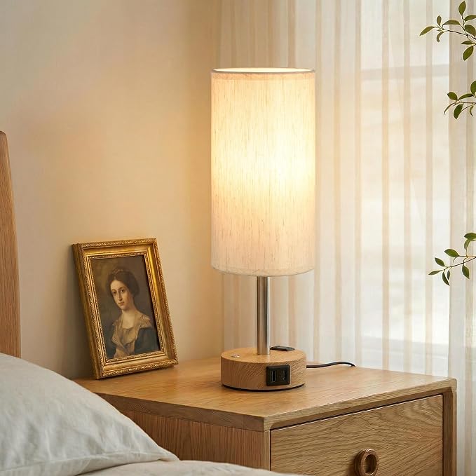 Touch Bedside Table Lamp for Bedroom, Stepless Dimmable, USB A+C, AC Outlet | Base Touch Button Only, Memory Brightness, Ultra-dim Night Light, Included Bulb for Optimal Dimming, Wood Grain Base, Nursery - Image 8