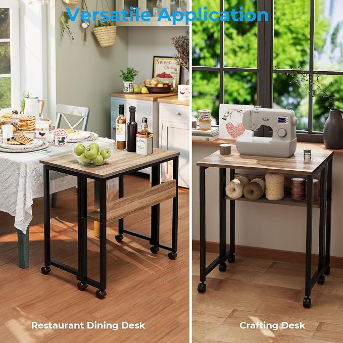 GreenForest Folding Desk with Wheels, 31.5" Rolling Table for Small Spaces | Storage Shelf, Lockable Casters, Compact Portable Workstation, Space-Saving Foldable Sofa Table, Home Office, Mobile, Grey - Image 7