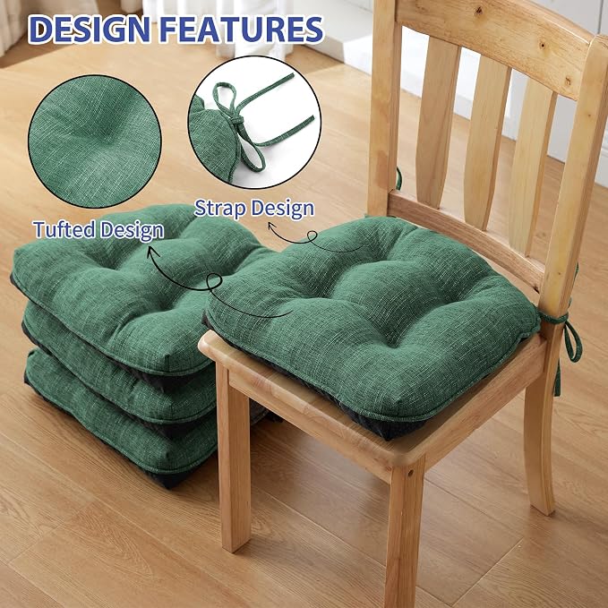 IPYNBAP Chair Cushions for Dining Chairs Set of 6, Kitchen Chair Cushions, Chair Pads with Ties Non Slip Backing, Christmas Room Decor, Tufted Memory Foam Seat Cushion 6 Pack, 15.5x15.5x4, Dark Green - Image 5