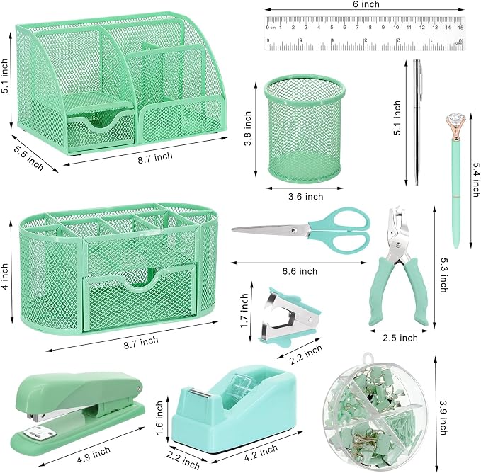 17 IN 1 Office Desk Organizer Set for Back to School Supplies Accessories | 3 Office Desk Storage Organization, 4 Pens, Stapler, Staples & Remover, Tape & Dispenser, Scissors, Ruler, Clips, Hole Punch - Image 2