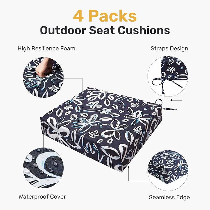 UNIKOME Outdoor Chair Cushions Pack of 4, Water Resistant Patio Cushions with Ties, High Density Sponge Filling Square Corner Seat Cushions for Outdoor Furniture, 19"*19"*3", Navy/White - Image 2