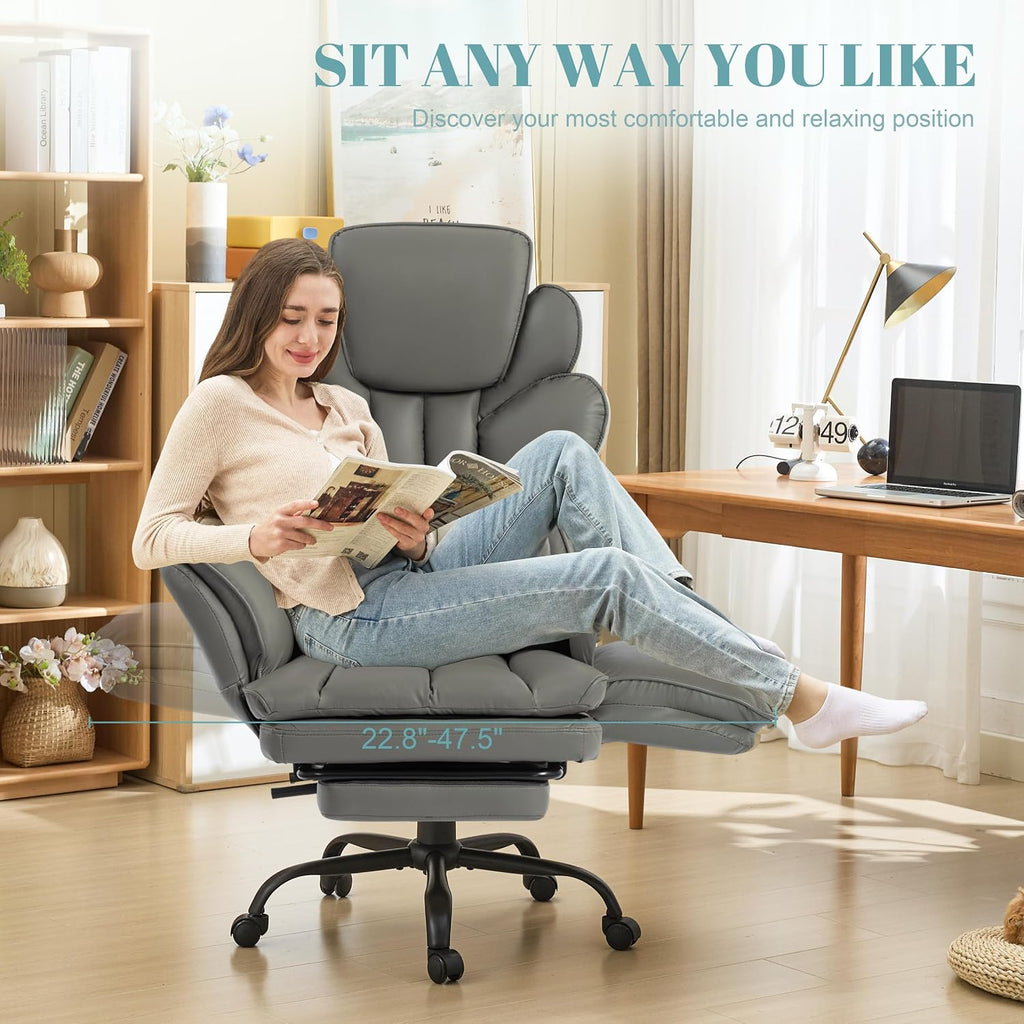 Flip Armrests Criss Cross Office Chair, Reclining Office Chair with Foot Rest, Adjustable Headrest, Massage Waist Pillow, Cross Legged Big and Tall Desk Chair Wide Seat Vanity Chair, Grey PU Leather - Image 7