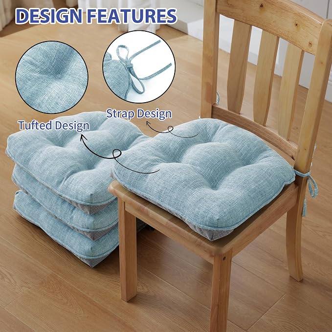 IPYNBAP Chair Cushions for Dining Chairs Set of 4, Kitchen Chair Cushions, Chair Pads with Ties and Non Slip Backing, Tufted Memory Foam Seat Cushion 4 Pack, 15.5" x 15.5" x 4", Baby Blue - Image 4
