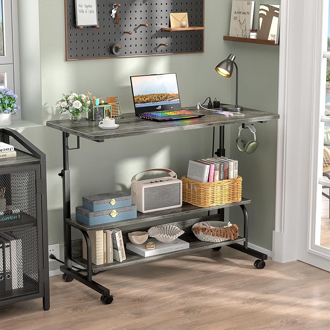 39" Height Adjustable Standing Desk with Power Outlets - Manual Rolling Stand Up Desk with Wheels Small Portable Computer Desk Mobile Laptop Table with Storage Shelves for Home Office, Grey Oak - Image 2