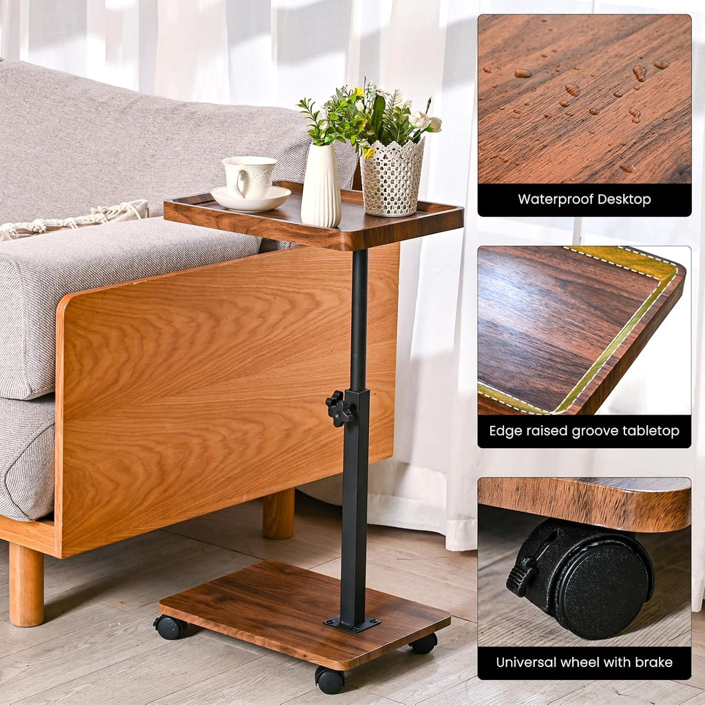 C Table End Table Adjustable Height,C Shaped End for Couch，Snack Tables,360°Swivel TV Tray Sofa Table,Tables that Slide Under,Coffee SideTable for Bed,Chair,Bath-tub,Outdoor(Walnut Color) - Image 5