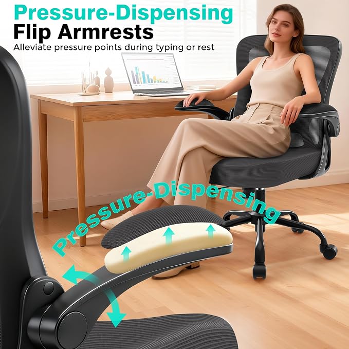 Office Chair - Ergonomic Breathable Mesh Desk Chair with Adjustable Lumbar Support and Flip-up Armrests - Executive High Back Rolling Swivel Comfortable Computer Gaming Chair for Home Office - Image 7