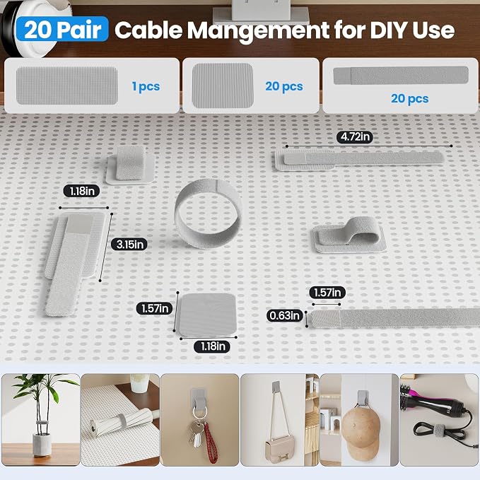 Cable Management Under Desk, 【Up to 15 Cord】【Enhanced Wire Holder】 Reusable Cord Organizer Holder, Adjustable Hook and Loop Cable Ties, Wire Clips Under Table Hider, 20 Pair(Grey) - Image 6