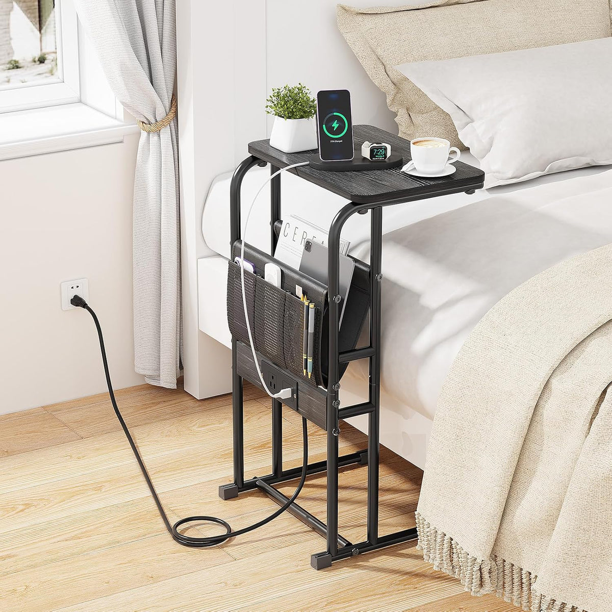C-Shaped End Table with Charging Station and Storage Bag Black - Image 7