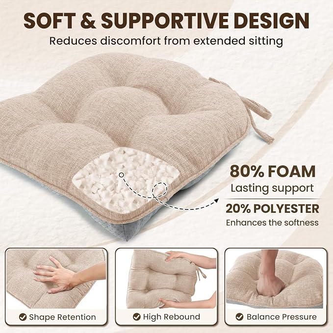 downluxe Indoor Chair Cushions for Dining Chairs, Tufted Overstuffed Textured Foam Kitchen Chair Pads with Ties and Non-Slip Backing, 15.5" x 15.5" x 4", Oatmeal Beige, 6 Pack - Image 3
