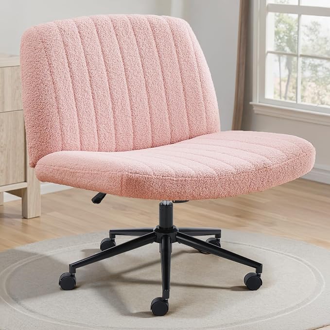 OLIXIS Criss Cross Chair with Wheels, Vanity Chair, Home Office Desk | Furry Teddy Fleece, Wide Seat Armless, Height Adjustable Swivel, Home Computer Task, Bedroom, Study, Pink Teddy by OLIXIS