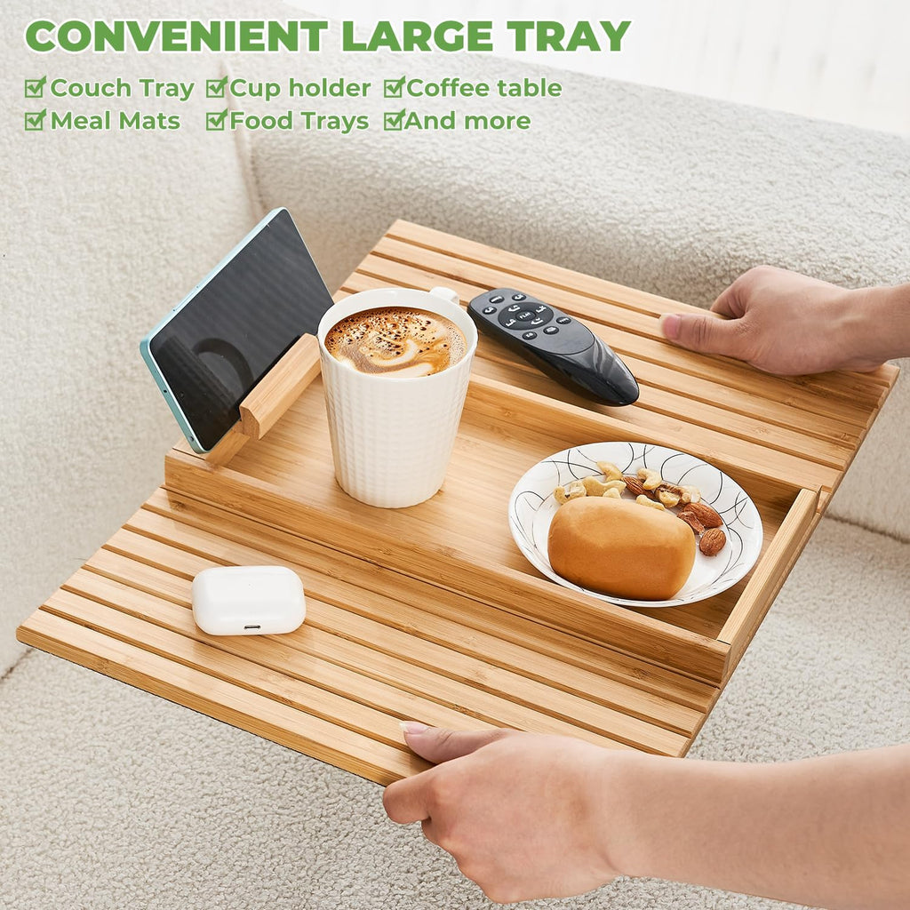 Bamboo Sofa Arm Tray, Anti Falling Couch Arm Tray Armrest Table with 360° Rotating Phone Holder, Foldable and Portable Sofa Armrest Trays Cup Holder for Drink,Cups, Phone, Snacks, Remote - Image 7