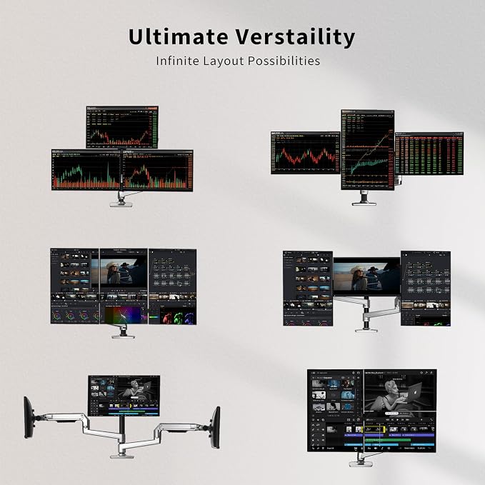 Ergounion Heavy Duty Triple Monitor Mount, Mechanical Spring 3 Monitor Arm for Ultrawide & Curved Screens, Fits Three 13-40 Inch Displays up to 25 lbs Per Arm, Premium Aluminum VESA Stand, Silver - Image 4