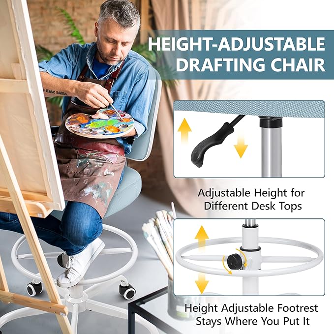 Tall Drafting Desk Chair - Armless, Adjustable Height, Mesh Back, Rolling, Standing Desk Chair for Art Room, Office or Home (Light Blue) - Image 4