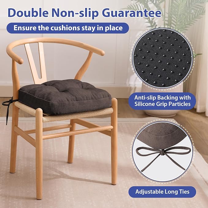 IASEAHK Chair Cushions for Dining Chairs, Dining Chair Cushions, Tufted Indoor Chair Pads with Ties & Non Slip Backing, Seat Cushions for Kitchen Chairs 16.5” x 16.5” x 3.5”, Set of 2, Brown - Image 4