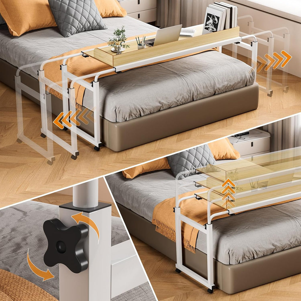 Adjustable Height Overbed Table, Rolling Overbed Bedside Desk with Raised Baffle and Spacious Desktop, Over BedTable with Wheels for Home Office Bedroom Hospital Use (Wooden Color1) - Image 3