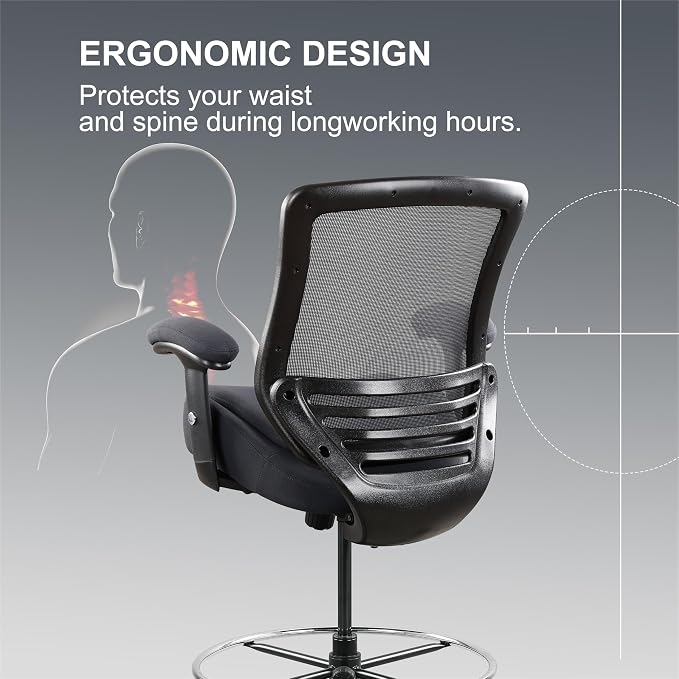 400lbs Office Drafting Chair Wide Dual Seat Cushion Height Adjustable Armrest for High Standing Desk with Lumbar Support and Enlarged Adjustable Footrest (Black Frame Gray Fabric) - Image 4