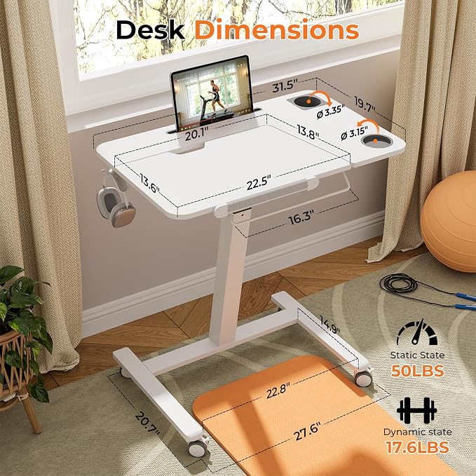 JOY worker Mobile Standing Desk for Treadmill, 31.5" Small Walking Pad Desk | Pneumatic Height Adjustable, 40° Foldable White Rolling Sit-Stand Table on Wheels, Cup Holder & Towel Rack, for Home Office - Image 2