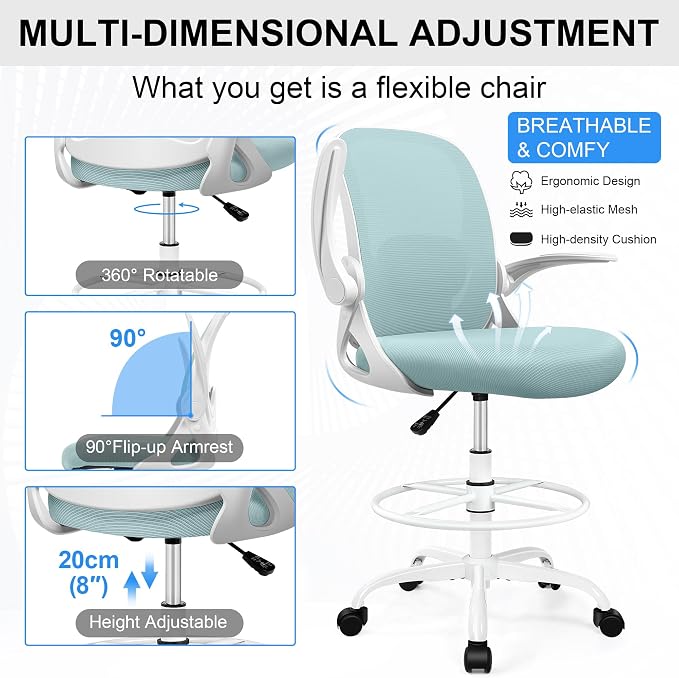 Drafting Chair Tall Office Chair with Flip-up Armrests, Adjustable Height, and Enhanced Lumbar Support - Ergonomic Rolling Stool, Back Support, and Adjustable Foot Rest Ring Light Blue - Image 5