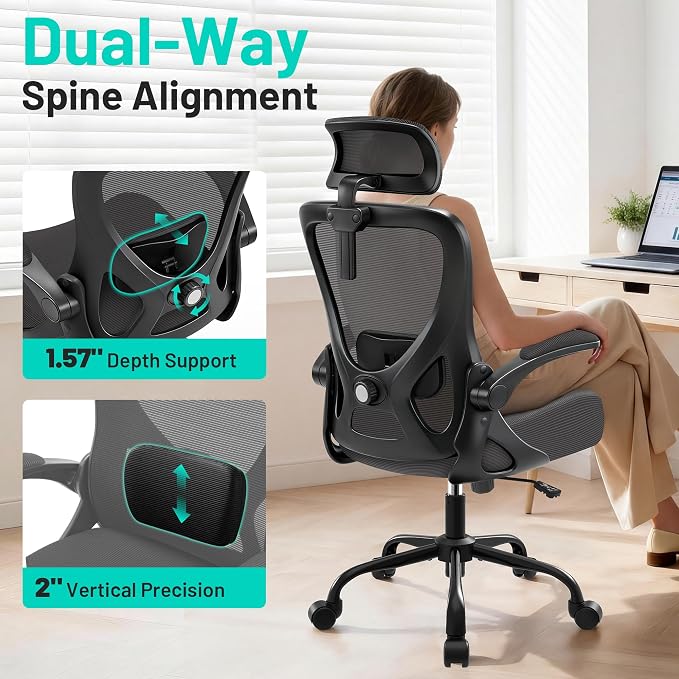 Office Chair - Ergonomic Desk Chair Breathable Mesh Chair with 2D Headrest & Adjustable Lumbar Support - Executive High Back Rolling Swivel Computer Gaming Chair with Wheels Flip-up Armrests - Image 3