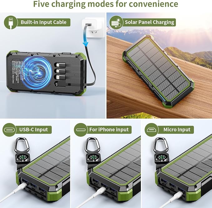 Solar Charger Power Bank 20000mAh Wireless Charger QC 3.0 Fast Charging Power Bank 8 Outputs 4 Inputs Solar Portable Charger Compatible with All Mobile Devices,SOS/Strobe/Strong Flashlights (green) - Image 3