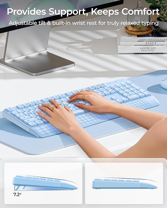 seenda Wireless Bluetooth Ergonomic Keyboard Mouse Combo, Full Size, Blue | USB/Bluetooth multi-device switching, with wrist rest, number pad, and quiet operation for PC, laptop, Mac, MacBook, and iPad - Image 3